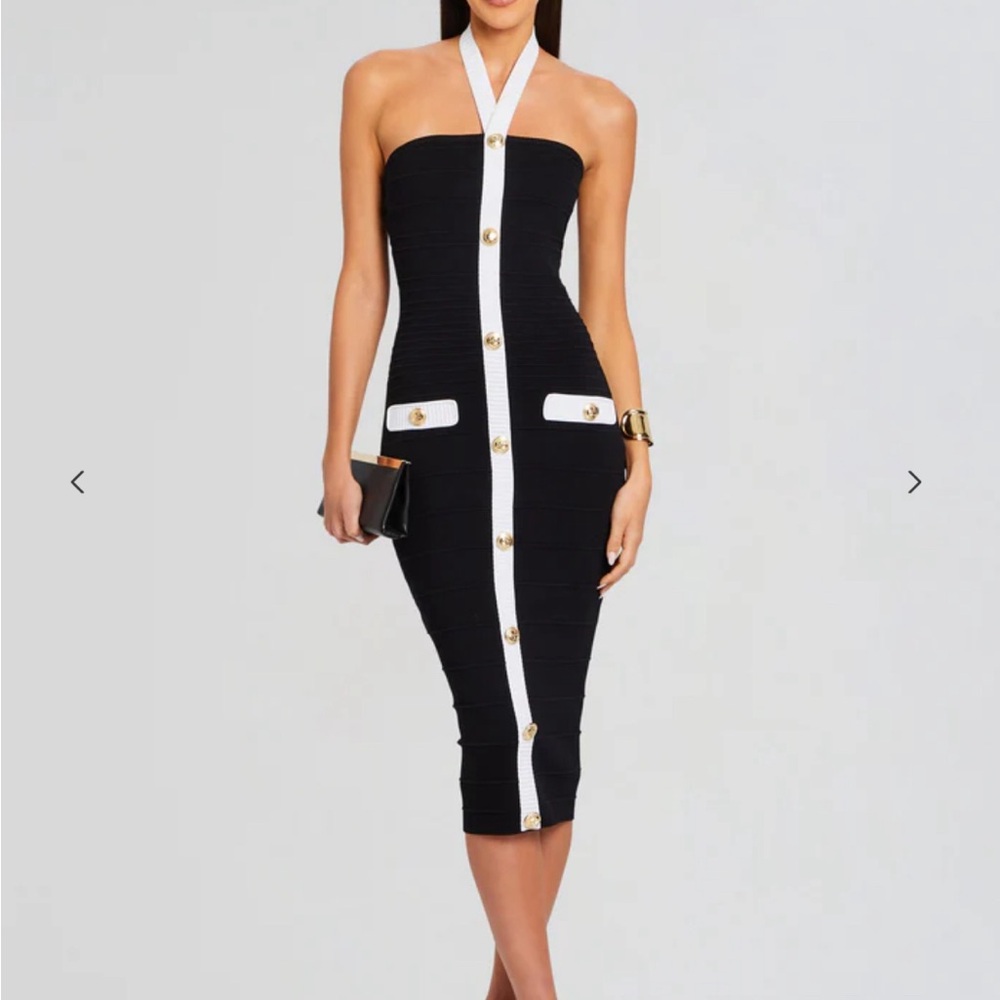 Retrofete Black and White Halter Bodycon Dress- SLOANE BANDAGE KNIT DRESS